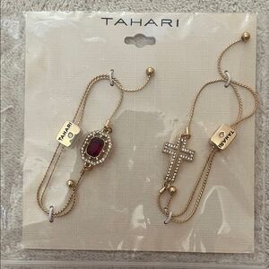 Tahari Gold Bracelet Set with Red Gemstone and Cross Charm